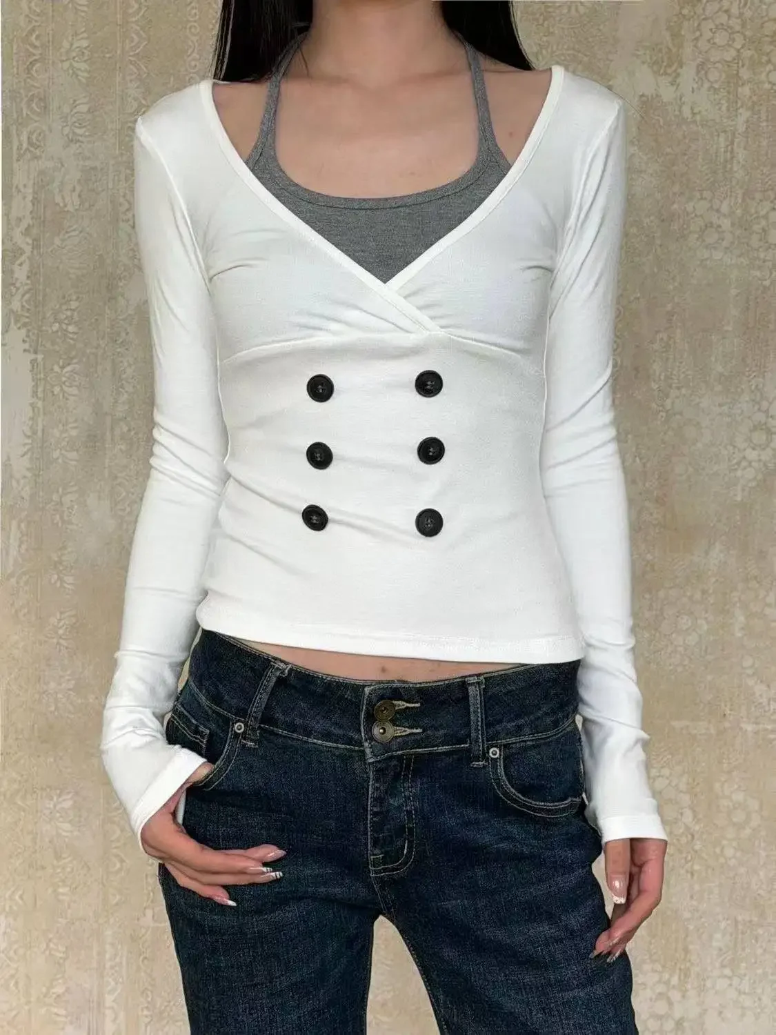Korean Chic Hot Girls Fake Two‑Piece Long Sleeve Tees American Slim Fit Patchwork Detail Casual Trendy Women New Fashion Tops
