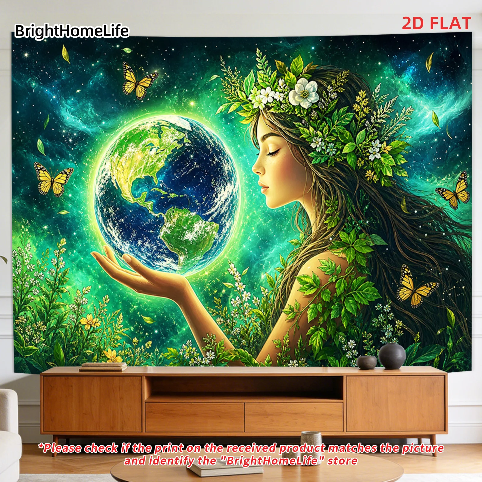 Mother Earth Goddess Tapestry Holding Planet & Butterflies Wall Hanging Green Nature Boho Decor Spiritual Forest Art for Bedroom