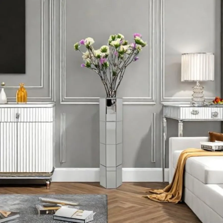 Floor vase for home decor mirrored glass silver modern octagonal centerpiece for living room and office 7.1L x 7.1W x 28H