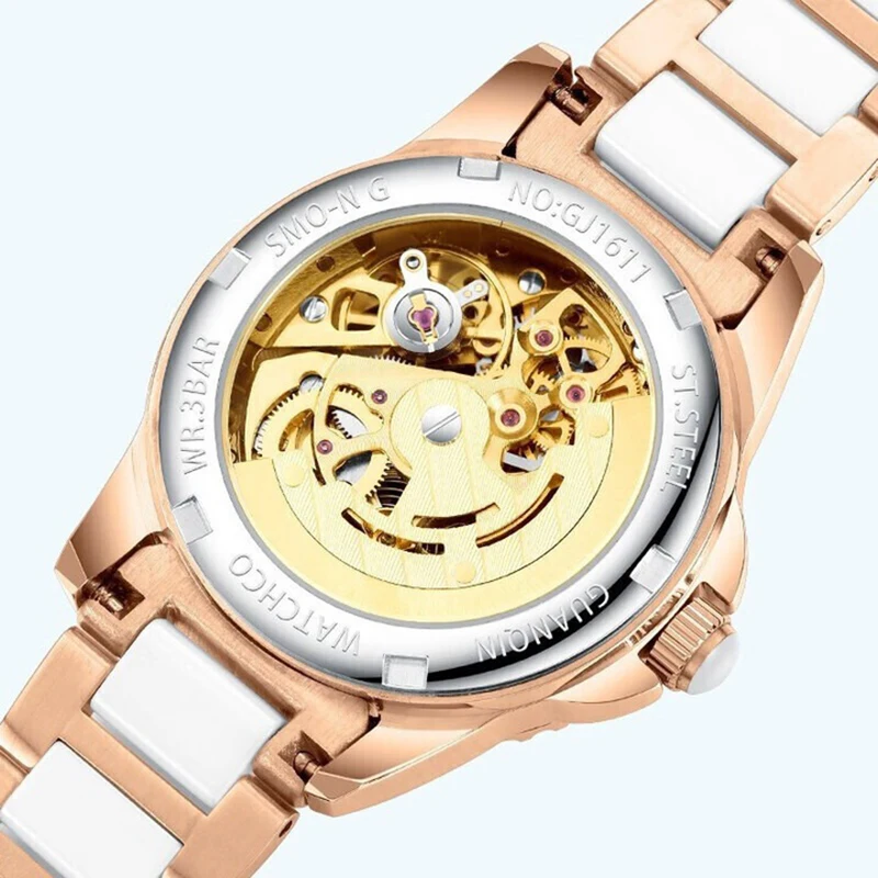GUANQIN Luxury Women Mechanical Watch Automatic Movement Heart-Shaped Skeleton Steel Dial Leisure 50M Waterproof Luminous Clock