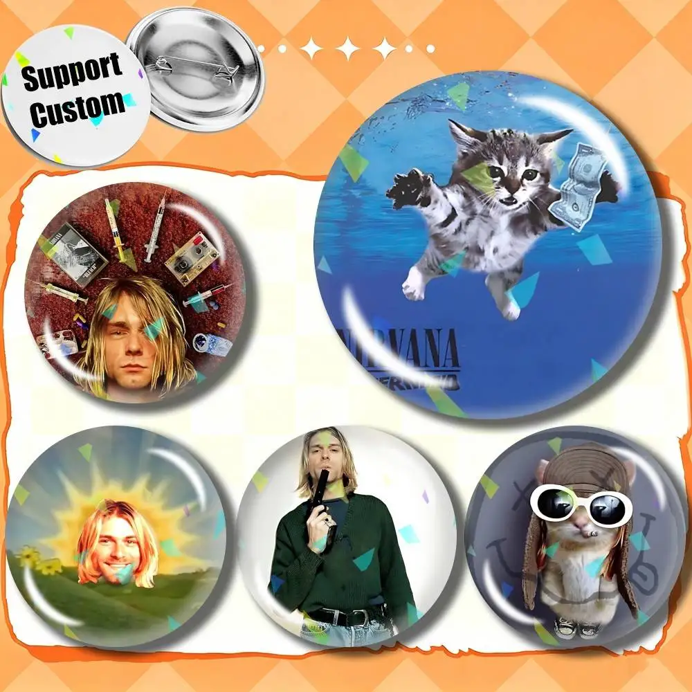 K-Kurt Cobain Reviver N-Nirvana Customizable Round Brooch Pins, Personalized Badges With Broken Glass Design Fashion Accessory