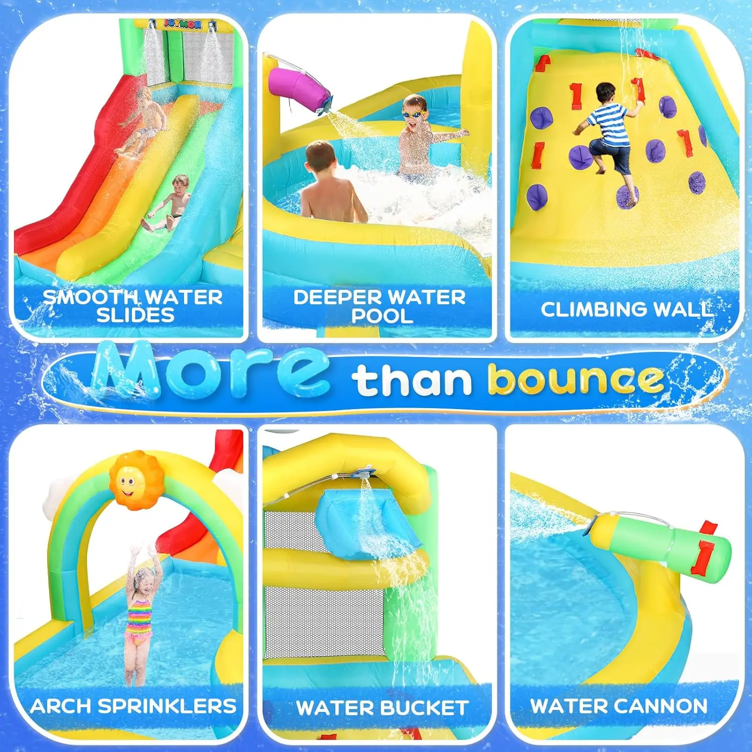 Inflatable Water Slide Bounce House w/Water Bucket, Climbing Wall, Pool, Rainbow Sprinklers, 1min Blow Up Water Slide 10-in-1 fo