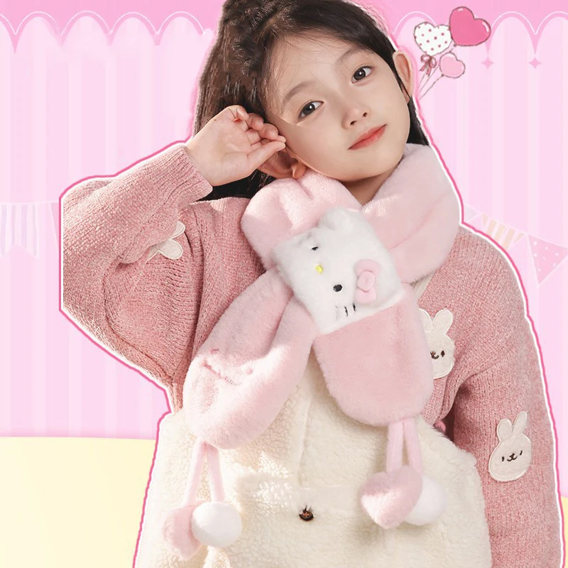 Kawaii Sanrio Hello Kitty Plush ผ้าพันคออะนิเมะ Kuromi Cinnamoroll Melody นุ่มสาว Plushie หนาผ้าพันคอเด็กของขวัญ