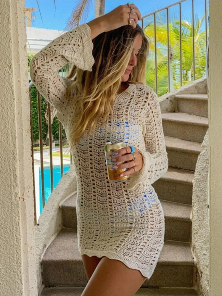 Mini abito con fiore a gancio, moda donna, maniche lunghe, prospettiva sexy, abiti senza schienale, abiti da spiaggia eleganti estivi da donna