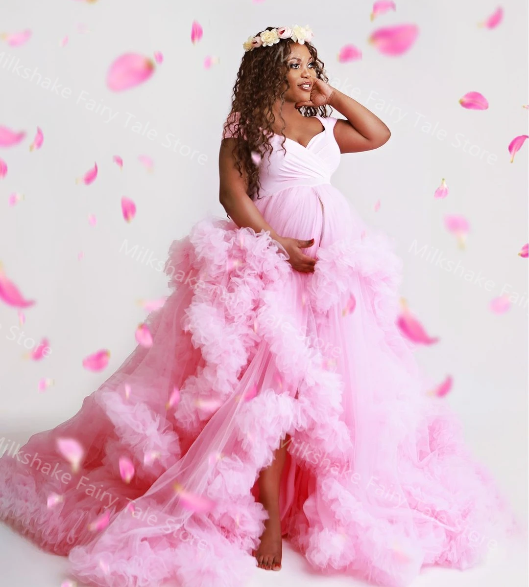 Pink A Line Maternity Robes for Photo Shoot Off Shoulder Tiered Ruffles Pregnant Women Dresses Sexy Customized Babyshower Gowns