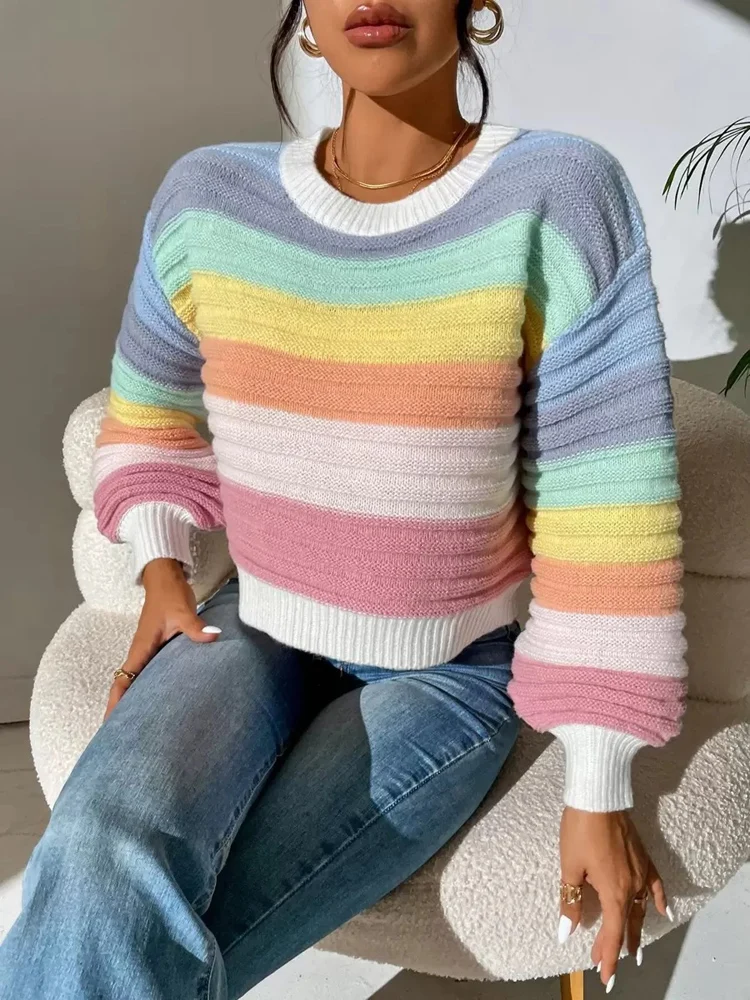 

New Fall And Winter Women's Casual Sweater With Striped Lantern Sleeves, Knitted Pullover Style, Woman Clothes, Kawaii Tops