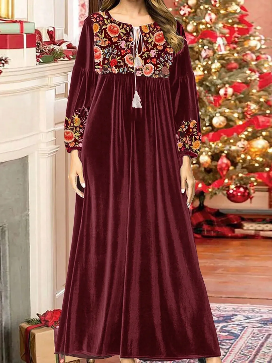 Women's Dress Autumn And Winter Velvet O Neck Floral Print Long-Sleeved Party Dress Elegant Evening Party Gown Outfits Velvet