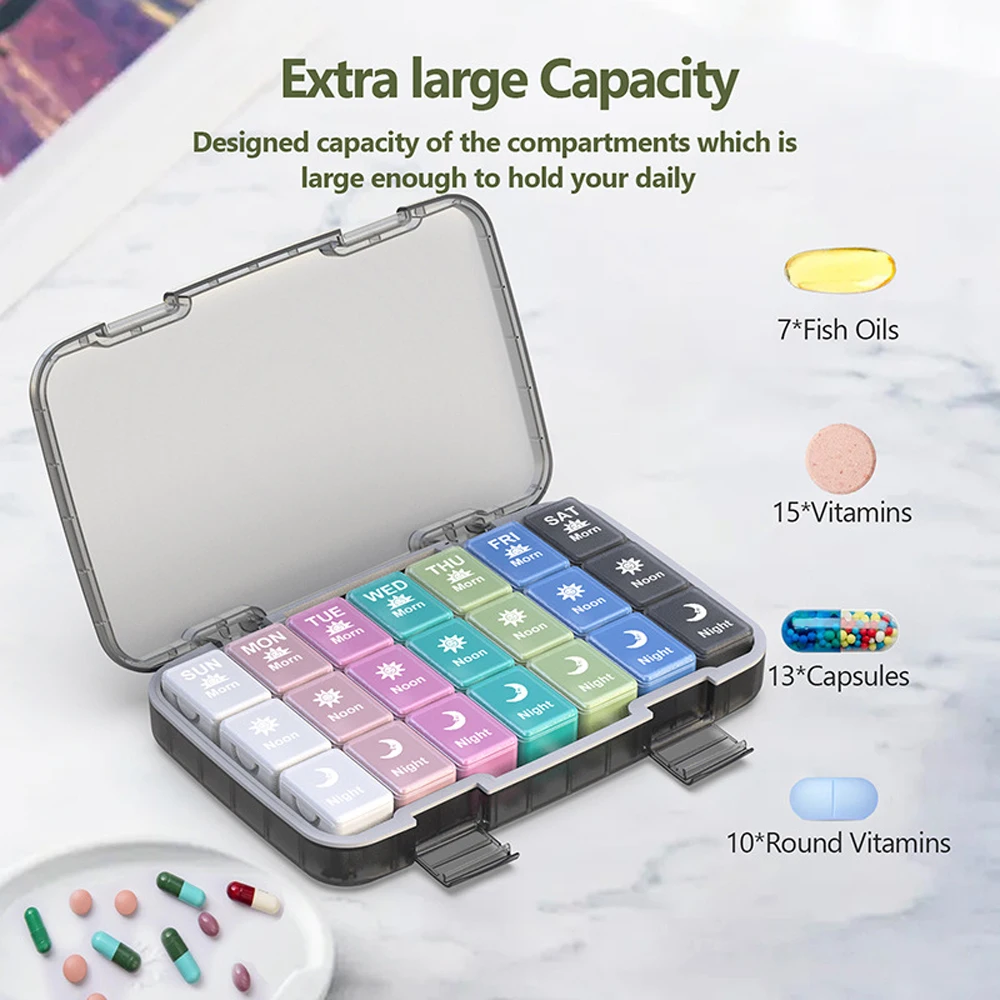 21/28Grid Pill Box Large Capacity Pill Box Portable Pill Medicine Storage Pill Box Weekly Vitamin Organizer Moisture Resistant