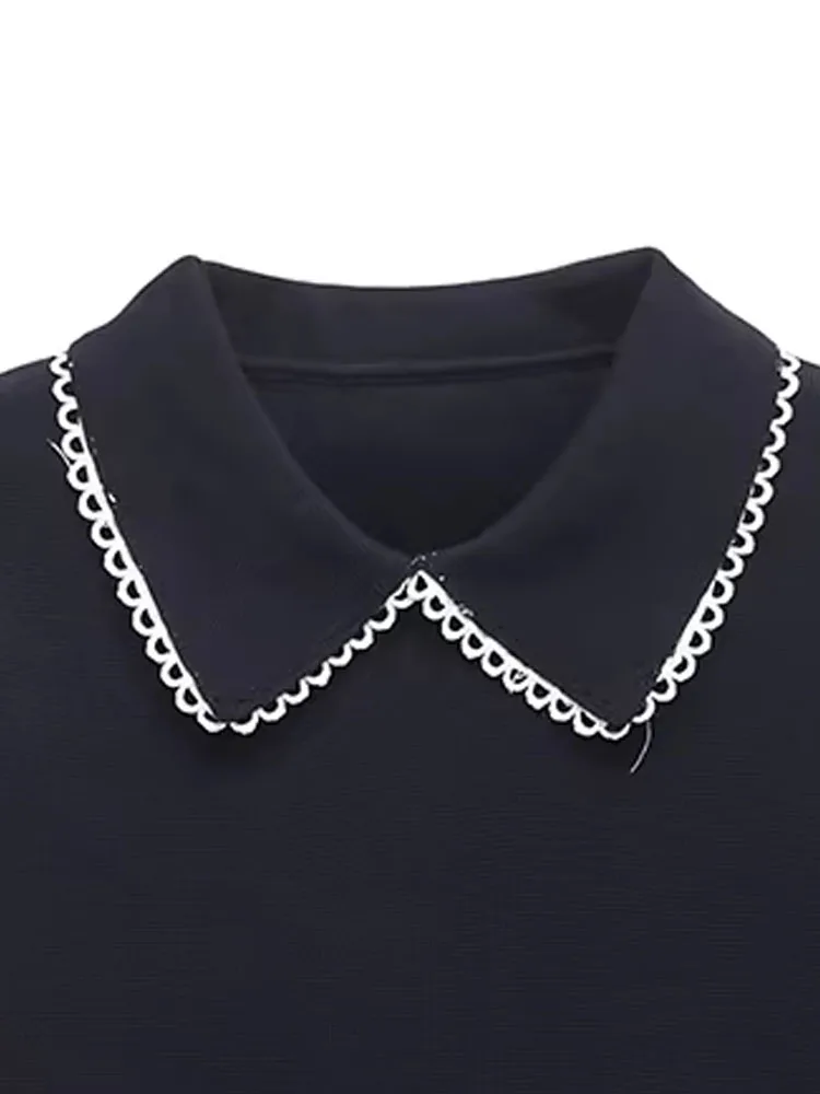 

HH Autumn Woman Chic Turn-down Collar Short Sleeves Pullover Sweater Woman Stripes 3-color Lace Decoration Knitted Short Top