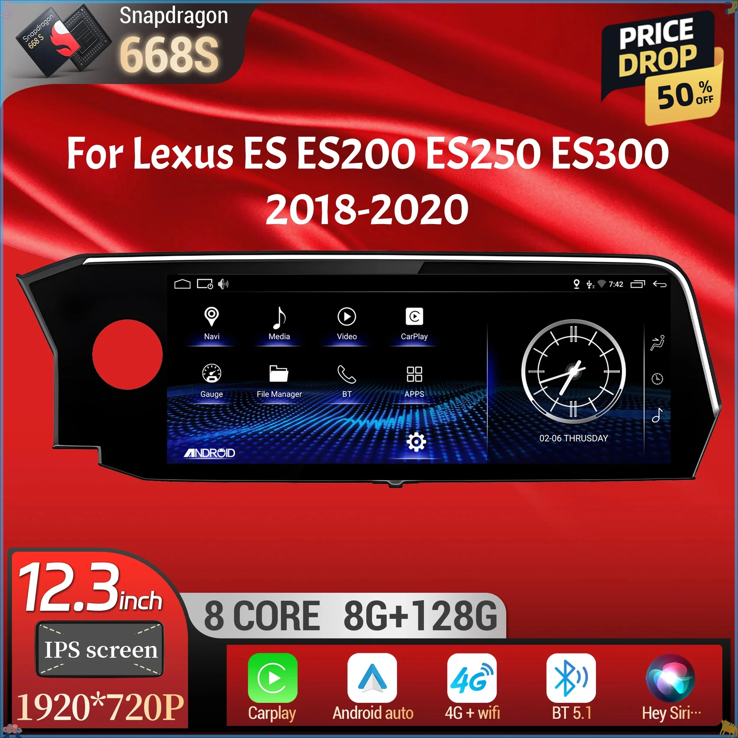 12.3inch Android 14 Car Radio Multimedia BT Carplay Snapdragon 668S Head Unit Screen For Lexus ES ES200 ES250 ES300 2018-2020