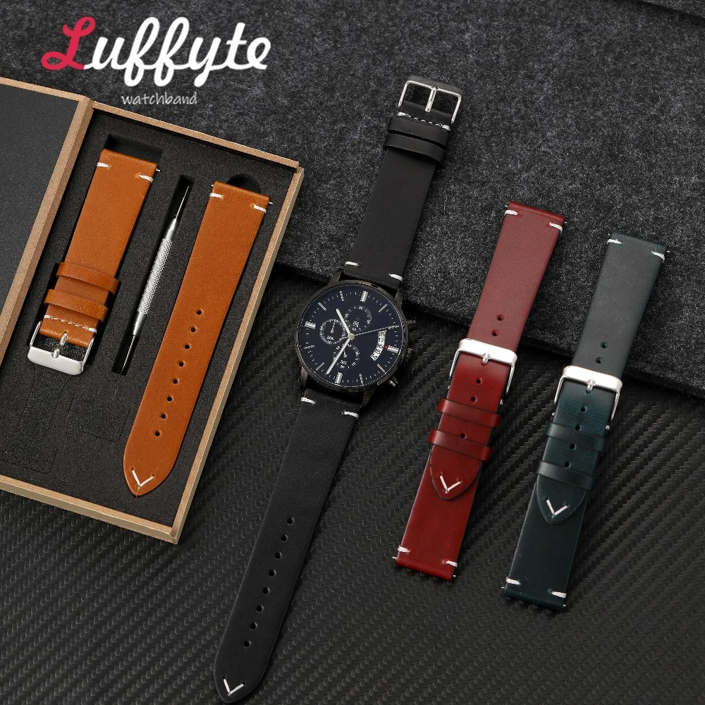 Herren-Uhrenarmband aus gewachstem Leder 18 19 20 21 22mm Schnellverschluss-Federsteg Geschenkbox Modisches Komfortables Echtleder-Armband