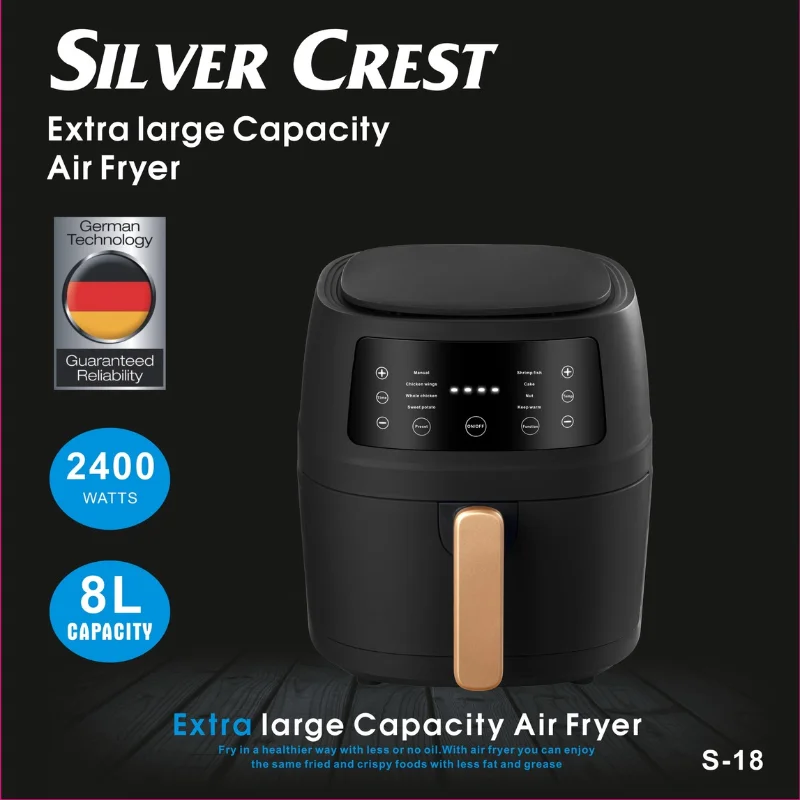 High Quality Touch Screen Smart Black 8L Oil Free Large Firepower Silver Crest Air Fryer