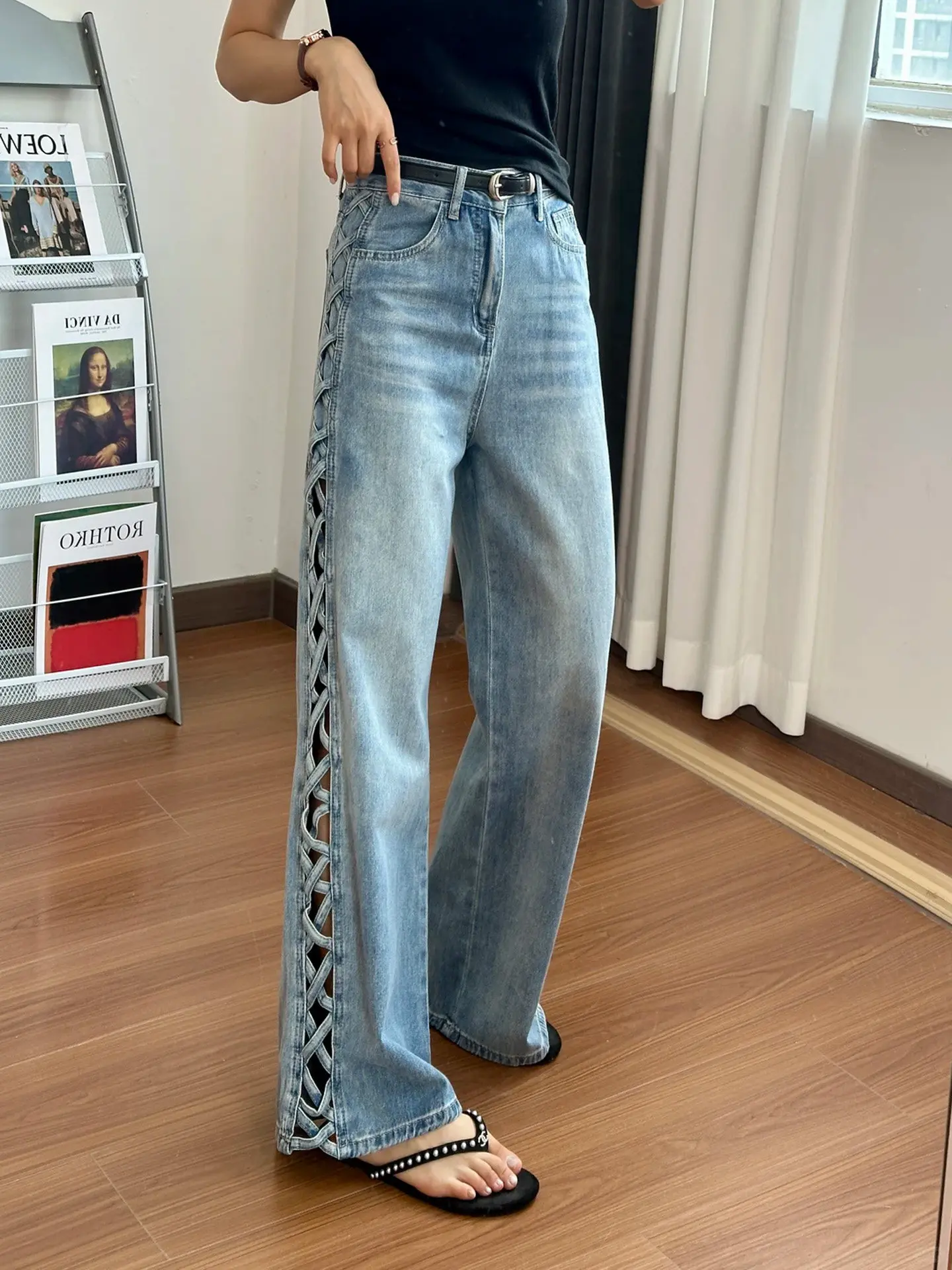 New Fashion Design Side Hollow Out Wide Legged Jeans Korean Style Streetwear Women's High Waist Slim Ripped Denim Pants