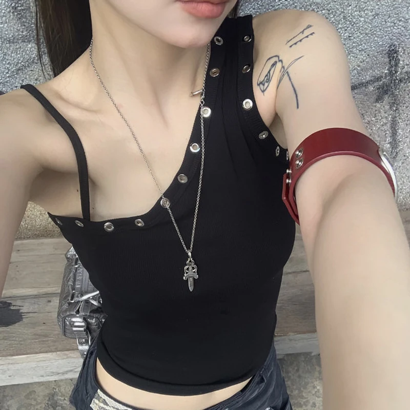 Harajuku One Shoulder Tank Tops Solid Color Ribbed Sleeveless Slim Fit Vest Cyber Grunge Cool Girl Crop Tops Hip Hop Streetwear