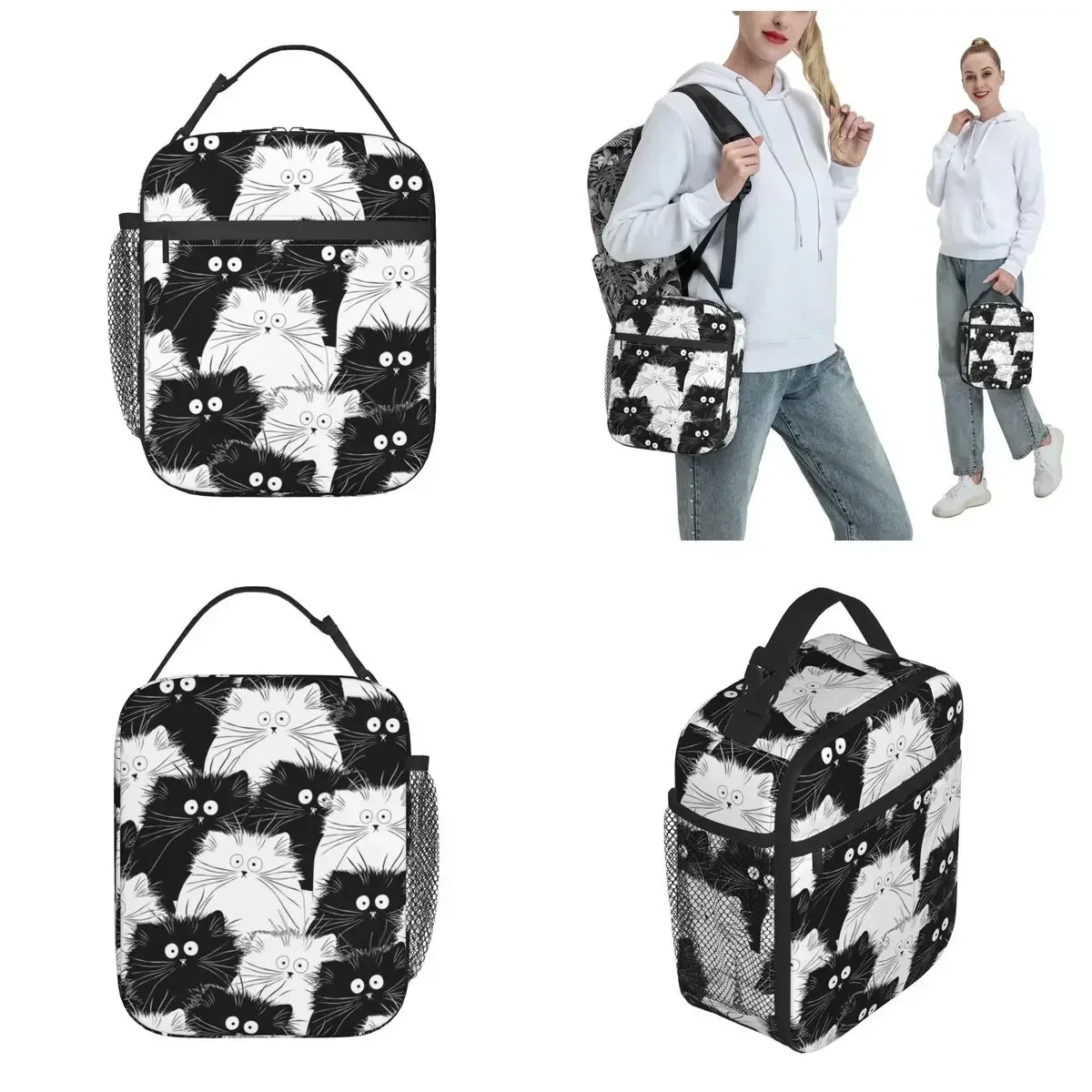 Simpatico gatto nero bianco modello isolato Lunch Bag Lunch Container riutilizzabile Thermal Cooler Lunch Box School