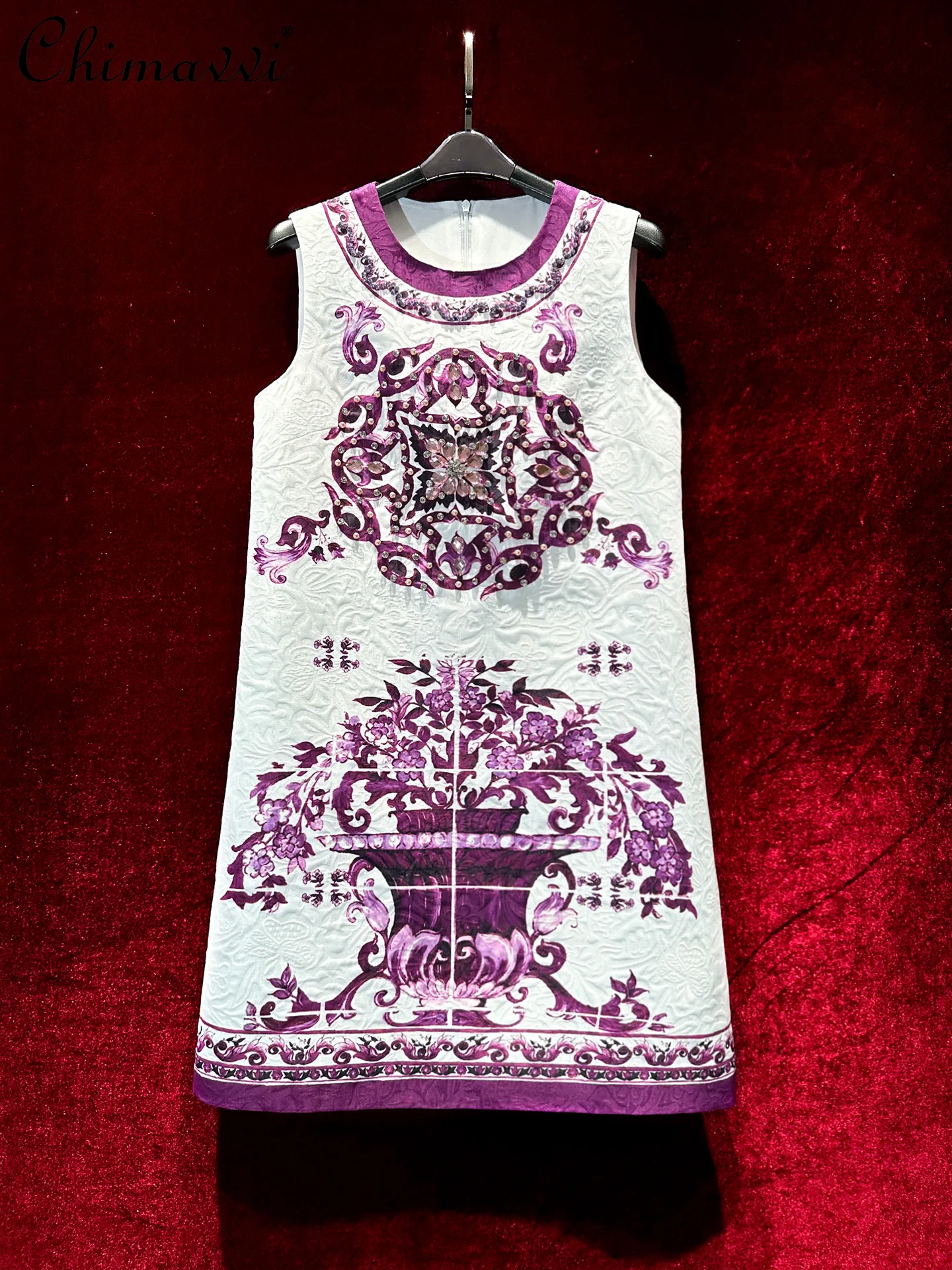 

Heavy Diamond Elegant Sleeveless Purple Dress Women Summer 2025 New High-end Fashion Round Neck Retro Printing Short Party Dress