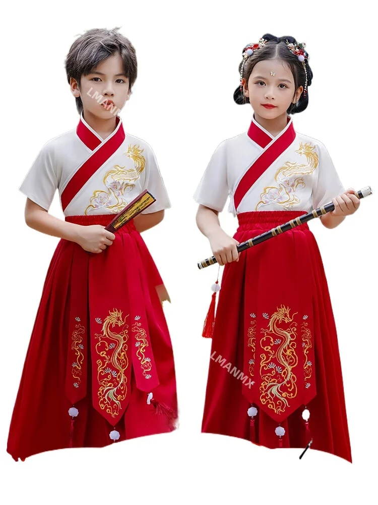 

Hanfu children's short sleeved entrance ceremony, traditional Chinese clothing, boys and girls' red children's performance