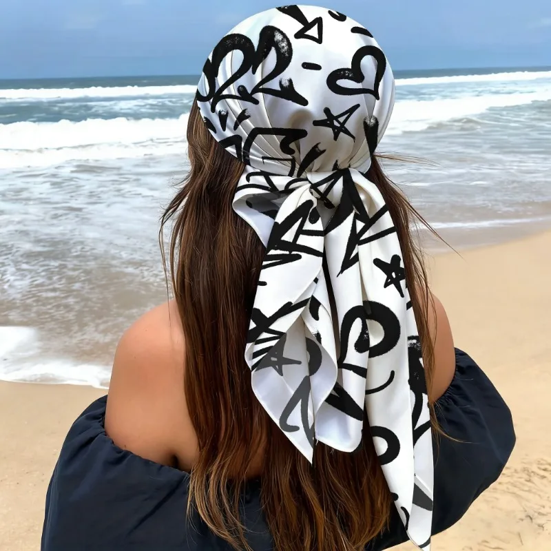 

Black White Graffiti Letter Print 90cm Large Square Scarf Bandana Summer Head Wrap Neck Scarf Hair Accessory Street Style
