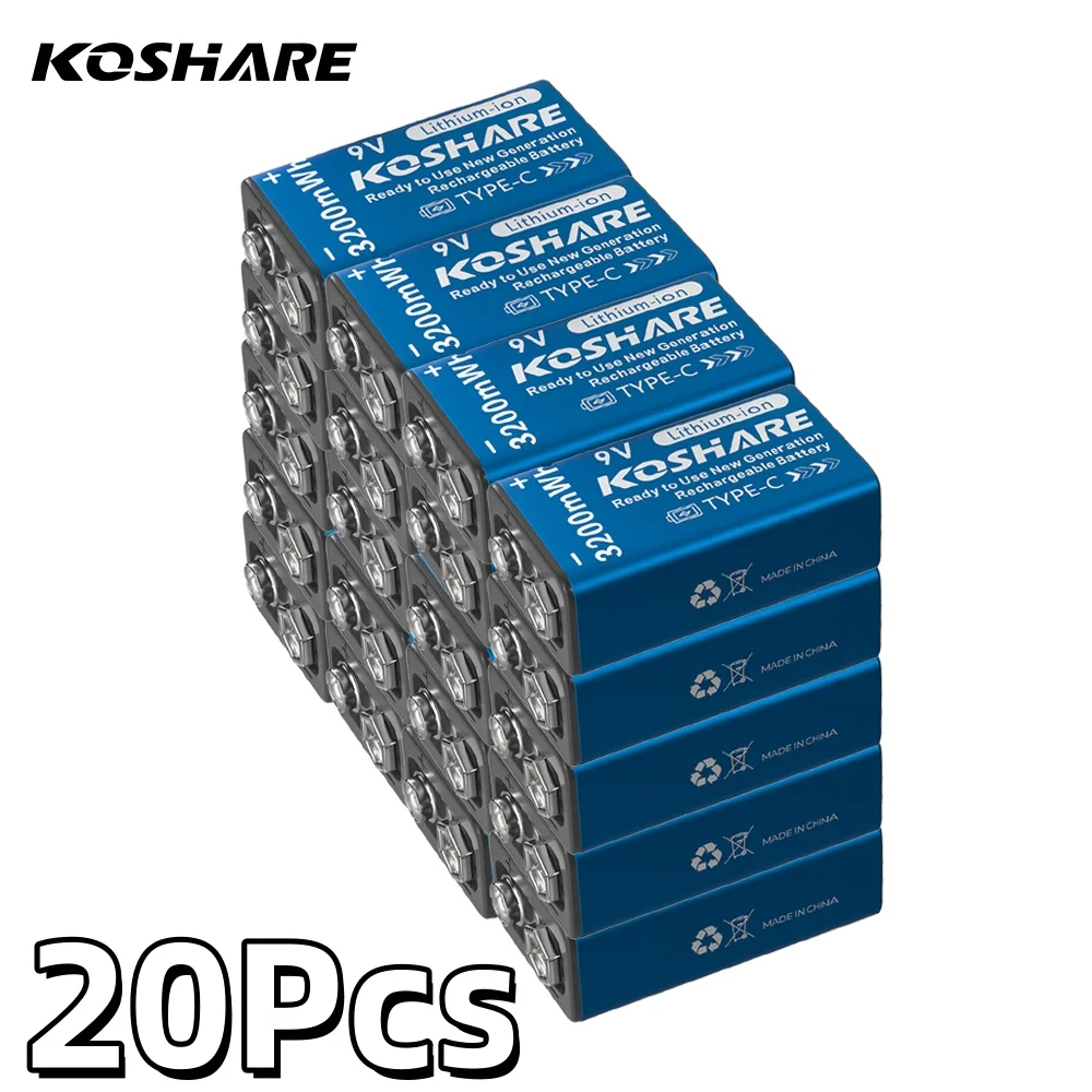 

KOSHARE Rechargeable Battery 9V 3200mWh Type-C High Capacity Lithium Battery for Multimeter Smoke Detector Pedal with Cable
