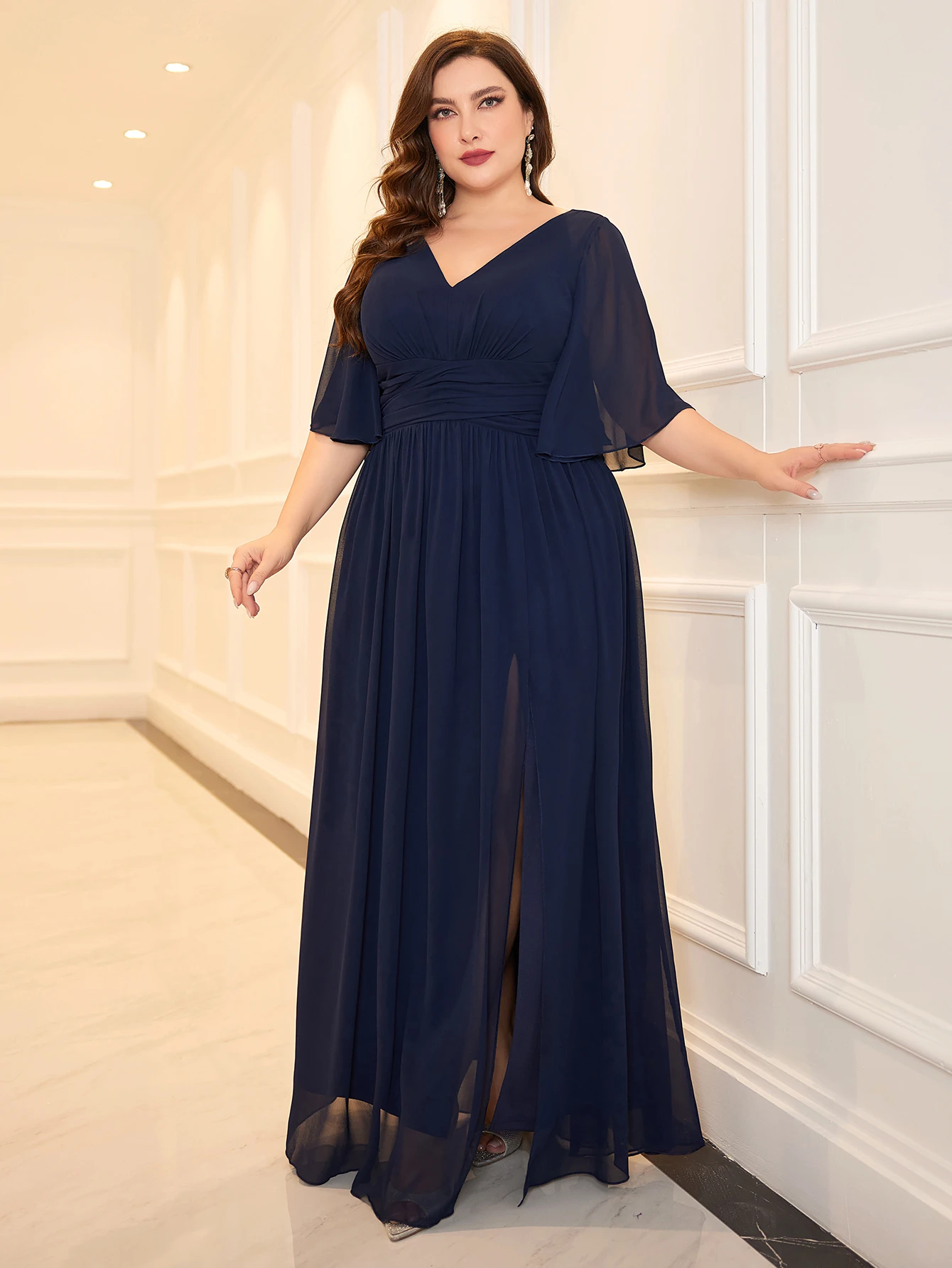 Unithorse Plus SIze Women\'s Butterfly Sleeve V-Neck Bust Ruched High Slit Chiffon Dress