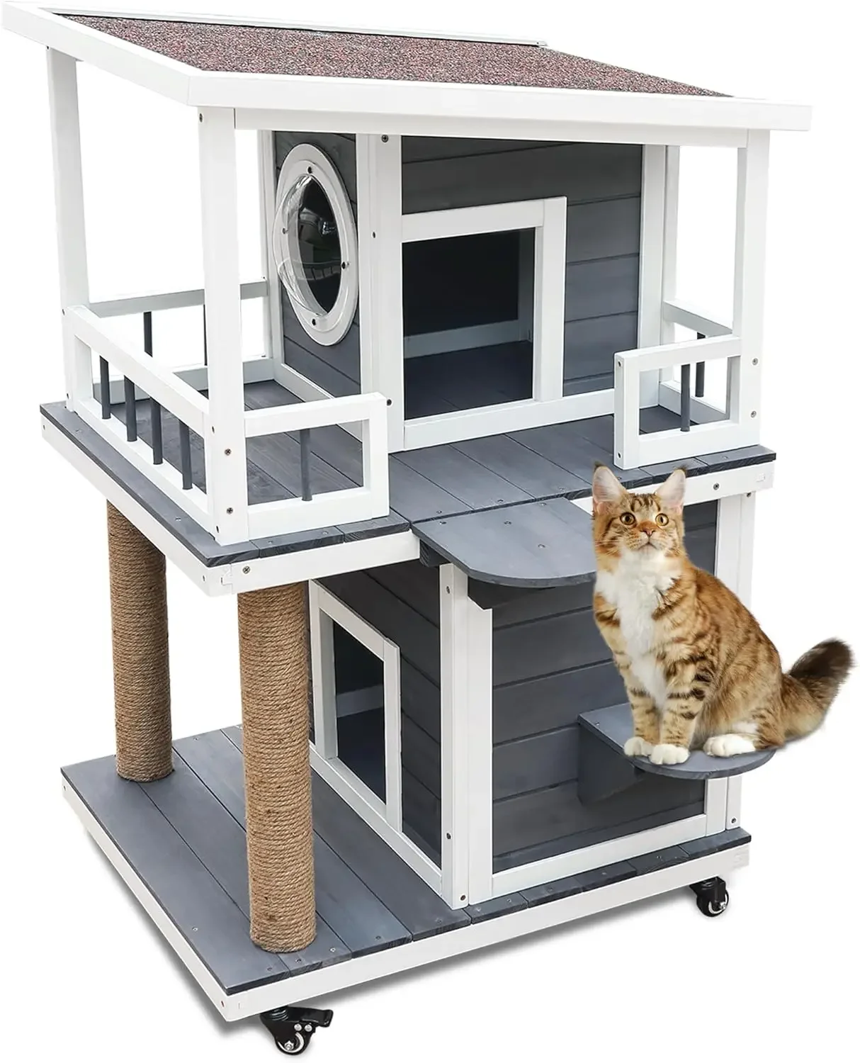 Rockever Outdoor Cat House, 2 Story Feral Cat Houses for Outdoor Wooden Cat Shelter Weatherproof with Escape Door