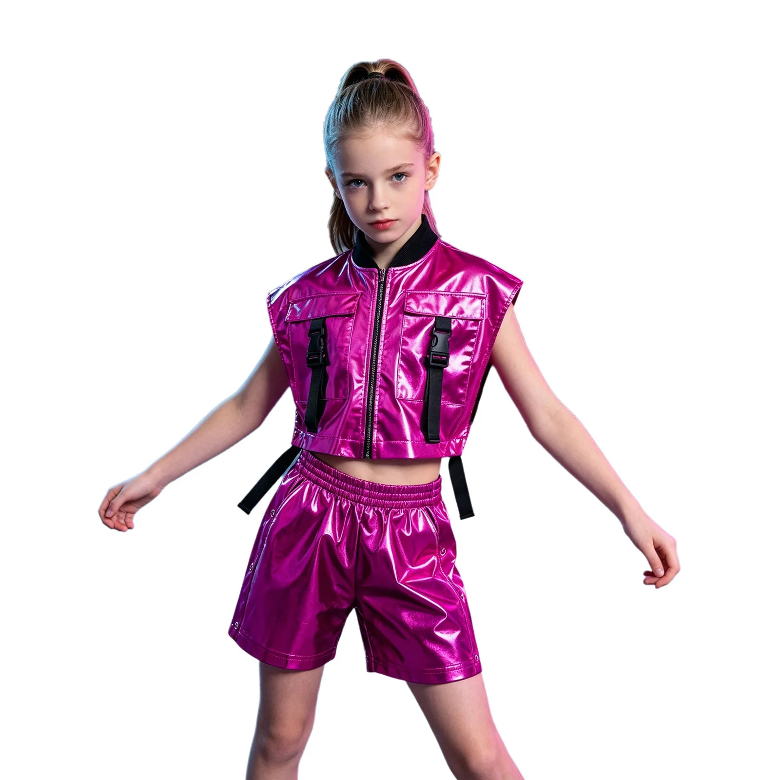 Kinder Mädchen Hip-Hop Jazz-Tanz-Outfit Aufführungskostüm mit seitlich geöffneter Metallweste mit Reißverschluss und seitlichen Druckknöpfen sowie glänzenden Shorts – Detail 11