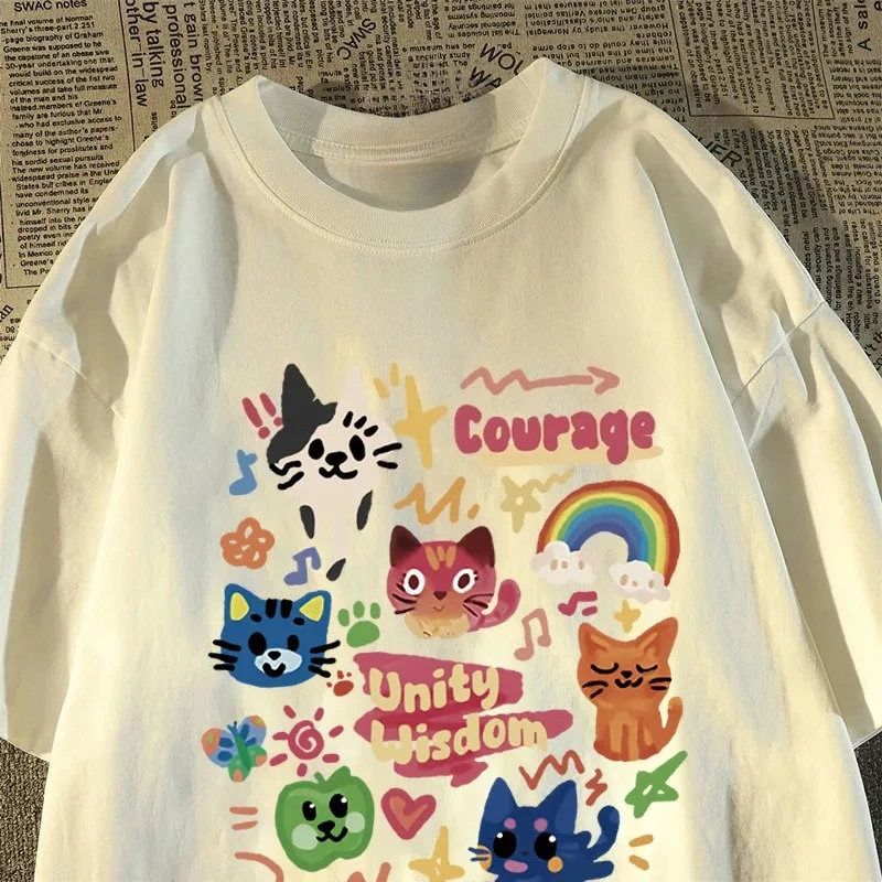 Korean Retro Cute Cat Short Sleeved T-shirt for Men Women's Casual Loose Round Neck Summer Top Cute Tee Loose Tops