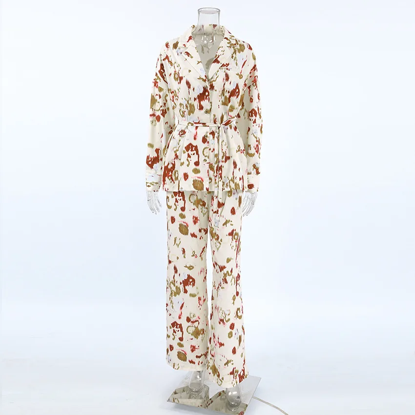 DSMTRC خمر التباين اللون المطبوعة عالية الخصر السراويل مجموعات أزياء المرأة طويلة الأكمام قميص دعوى سيدة عارضة جديد 2 قطعة وتتسابق #6