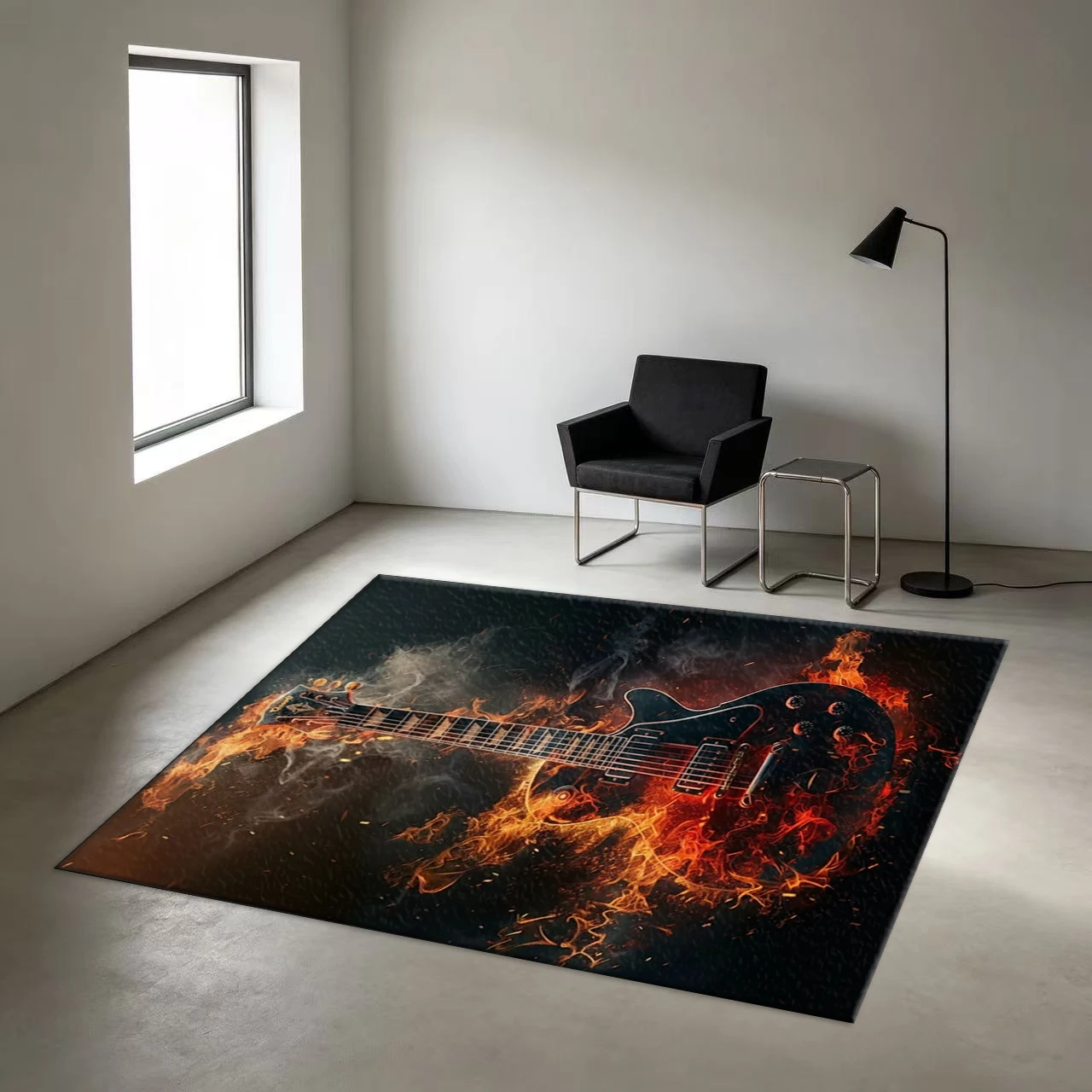 Burning Fire Electric Guitar Rock Music Carpet Non-Slip Rug Suitable for Teen Room Living Room Home Decoration