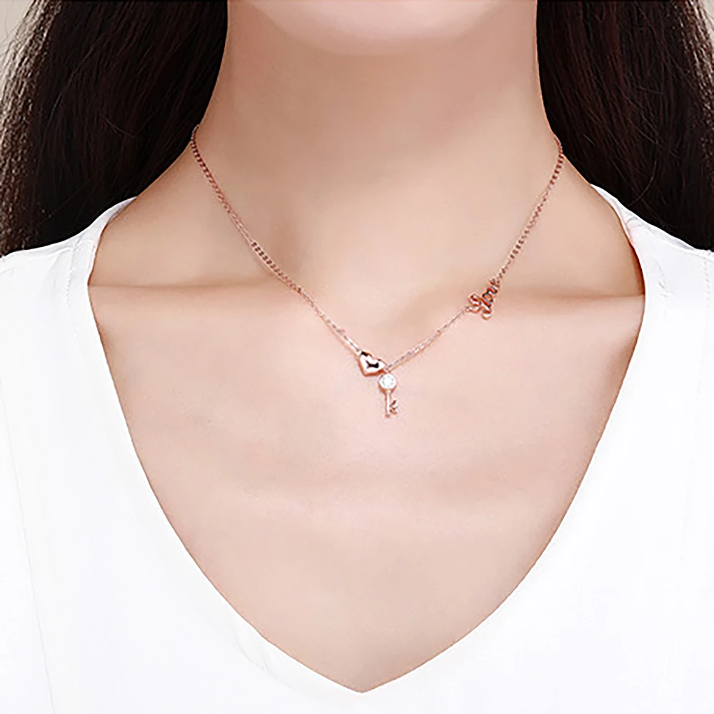 

New Heart-shaped Key Zircon Necklace 100% S925 Sterling Silver Rose Gold Plated True Love Necklace Ladies Fashion Love Necklace