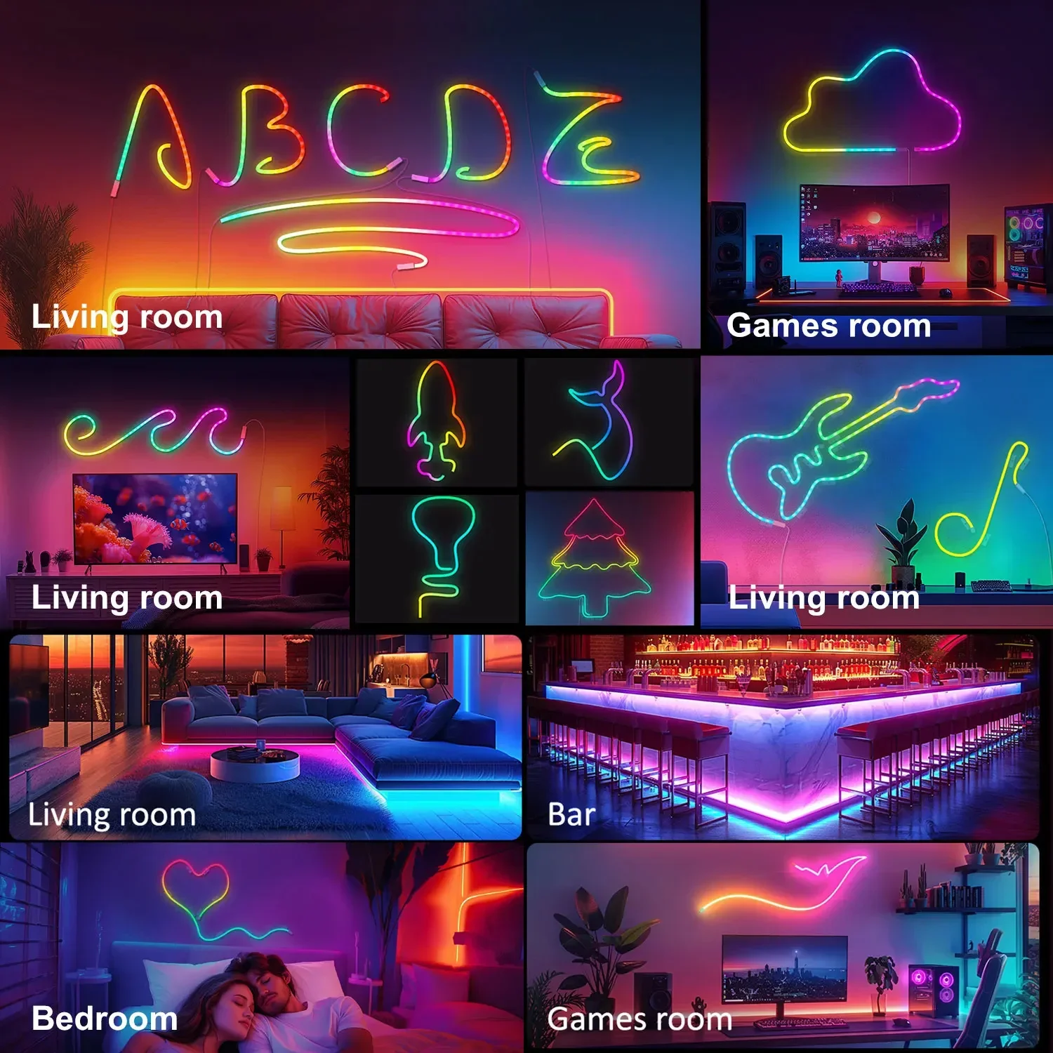 Addressable Neon LED Strip Lights Flexible Digital RGB+IC LED Pixels Strip Light LED Rope Lights USB RGBIC LED Neon Rope Lights