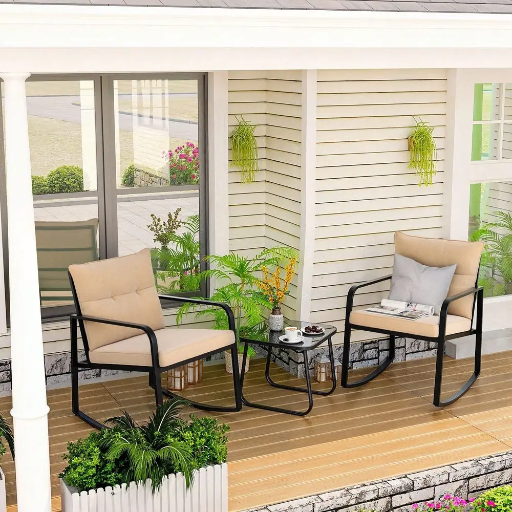 

Piece Rocking Bistro Set, Black Steel Patio Furniture, Porch Chairs Conversation Set With Glass Coffee Table, Back Cushion, For