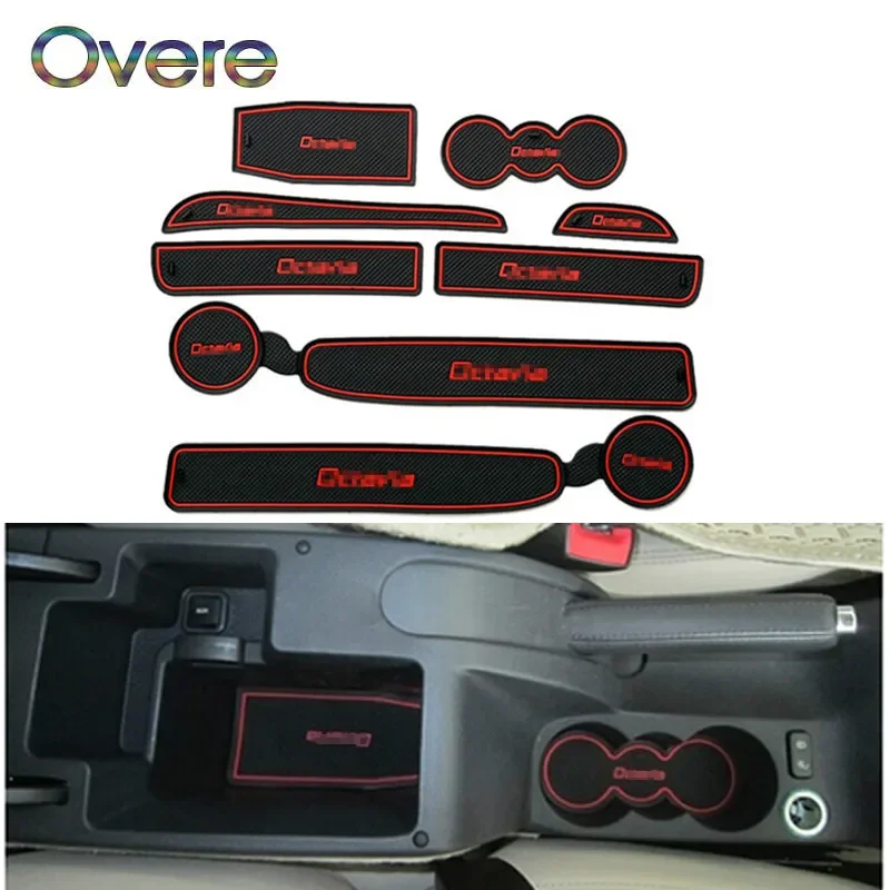 OVERE 1set Car Interior Cup Mat For Skoda Octavia A7 A5 2 3 2007-2015 2016 2017 2018 2019 Door Gate Slot Pad Storage Box Mat