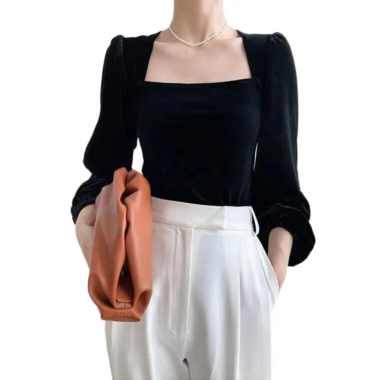 

elegant velour shirts plus size palace style square neck lantern sleeve gold velvet blouse Black Purple