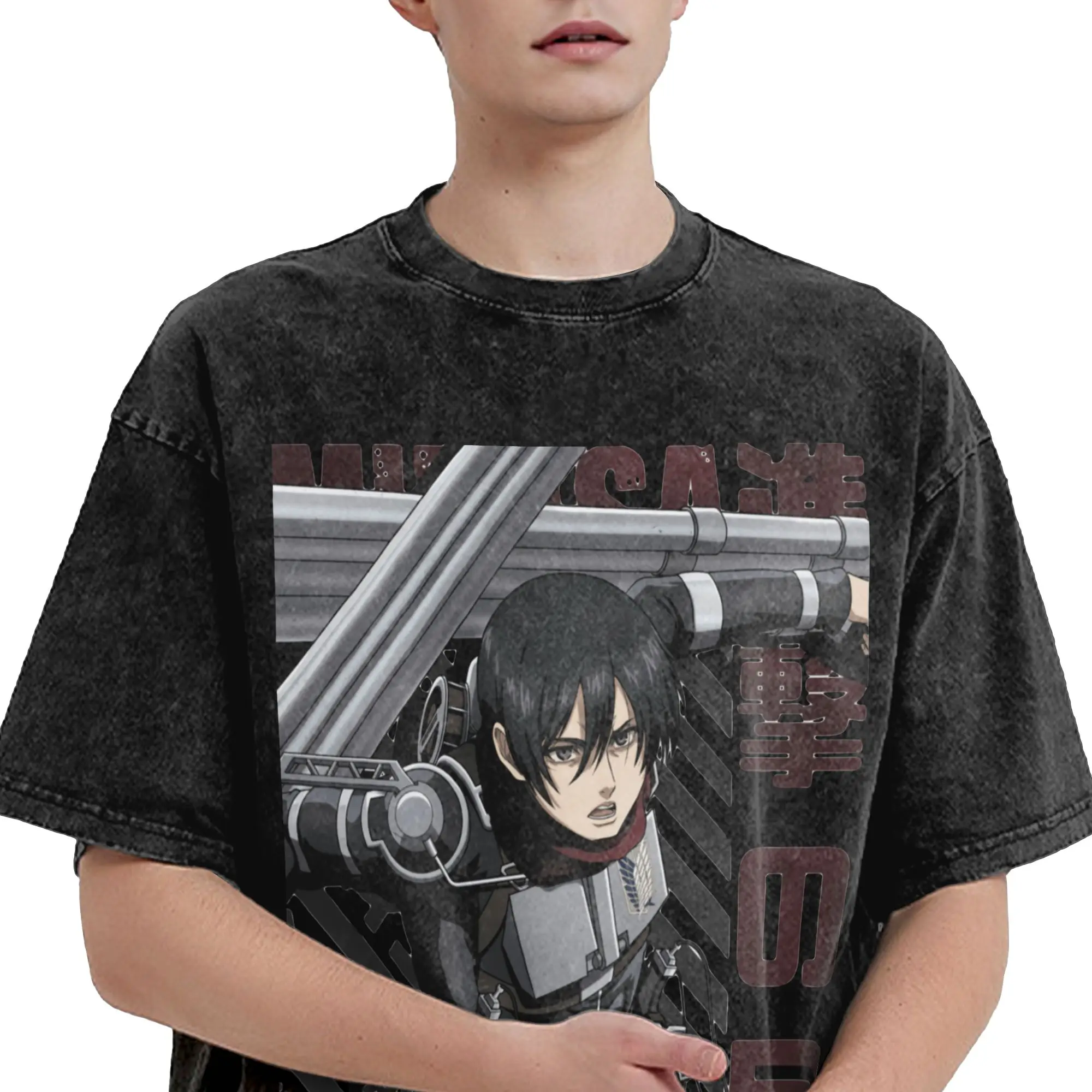 Washed T Shirts Shingeki no Kyojin Mikasa Ackerman Attack on Titan T-Shirt Streetwear Short Sleeve Graphic Tees for Men Women
