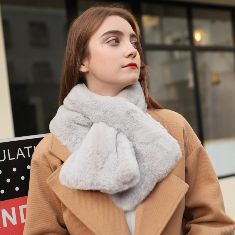 Neckerchief Women New Scarf Wrap Faux Fur Stand Collar Casual Solid Thick Warm Y2k Streetwear Elegant Splice Autumn Winter