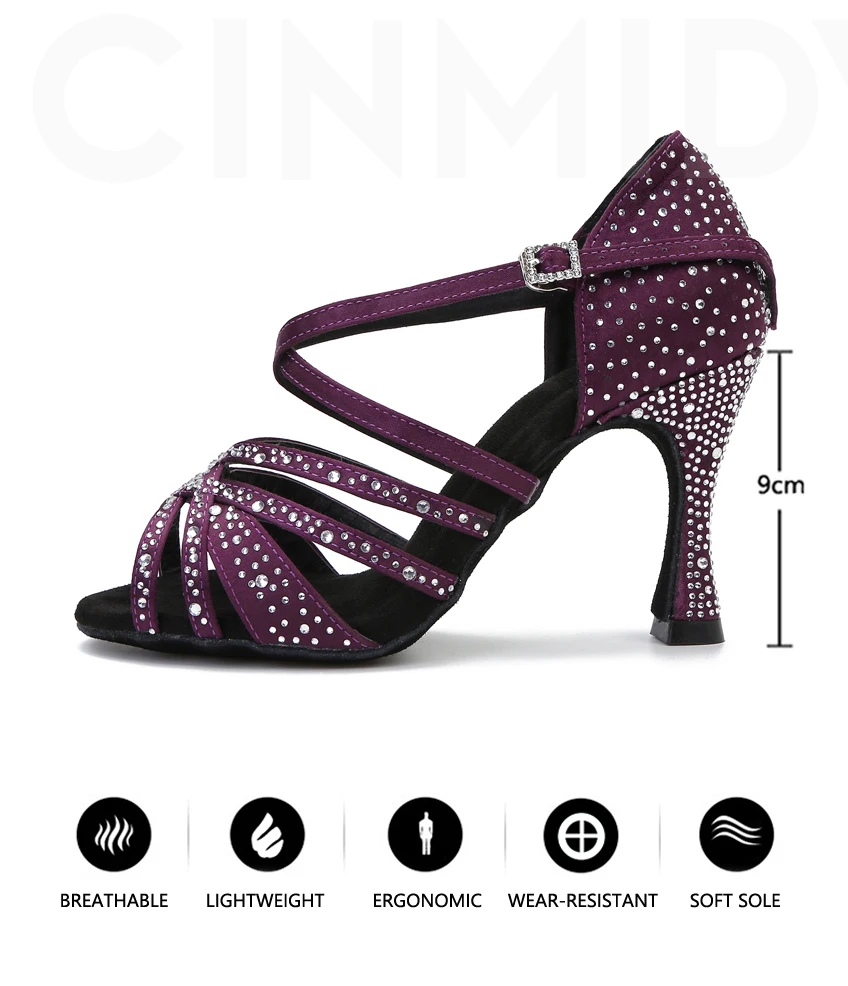 CINMIDY Damen Satin Party Tanzschuhe Strass Weiche Sohle Latein Tanzschuhe Salsa Tanzsandalen Damen Hochzeitsschuhe – Detail 6