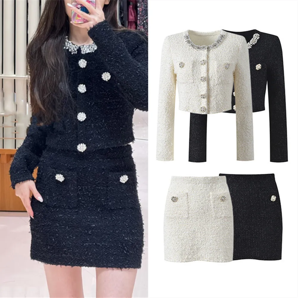High-End Version Classic Black Diamond Decorated Knitted Top Coat Cardigan Half Skirt Set Luxury Style Short Length High Waist