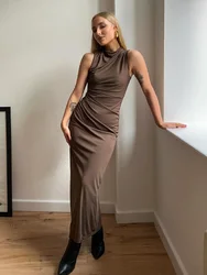 HH Women New Fashion Sexy Sleeveless Bodycon Dress 2024 Female Elegant Back Zipper Solid Color Chic Folds Slim Midi Dresses