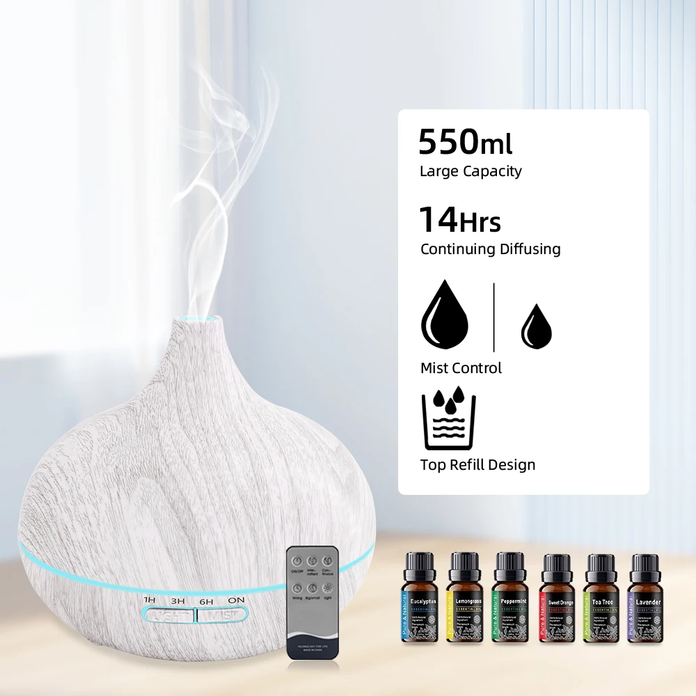 

Create Your Zen Space Modern Wood Grain Essential Oil Sprayer with Wireless Remote 550ml Large Capacity & 6 Soothing Scents In