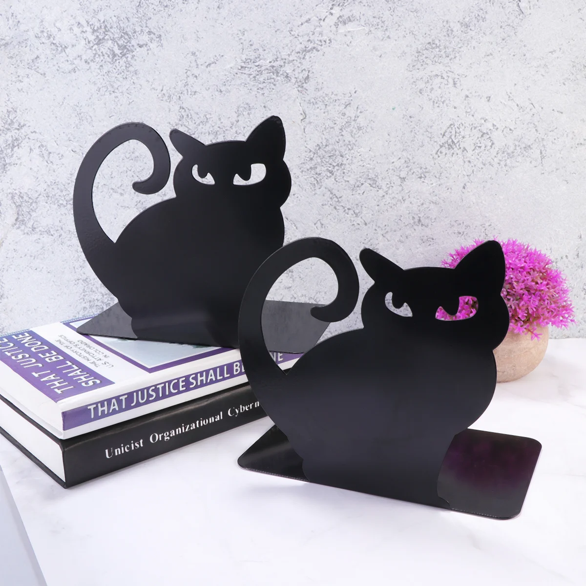 

2Pc Bookend Frame Cat Pattern Book Stand Creative Book Organiser Metal Book Support Stationery Accessory Black