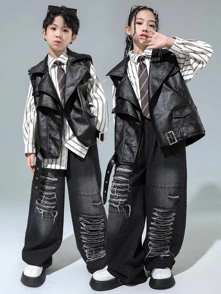 Children'S Hip Hop Street Dance Clothing Leather Vest Ripped Jeans Suit For Girls Jazz Dance Costumes Boys Stage Wear DQS14373