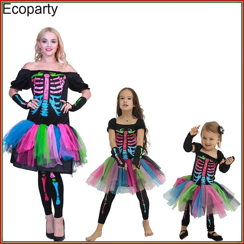 Halloween Rainbow Skeleton Printed Punky Costume For Women Kids Funny Black Short Sleeve Tutu Dress Carnival Parent-Child Outfit