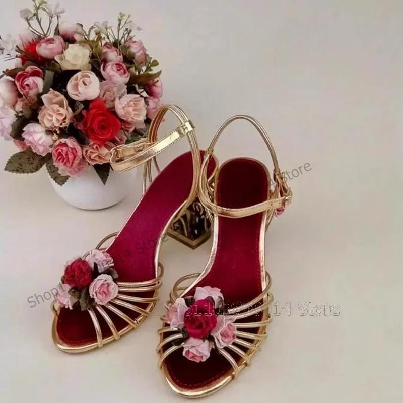 Flower Decor Metal Birdcage Heel Court Style Sandals Ankle Buckle Strap Women Shoes New Fashion Banquet 2024 Zapatos Para Mujere