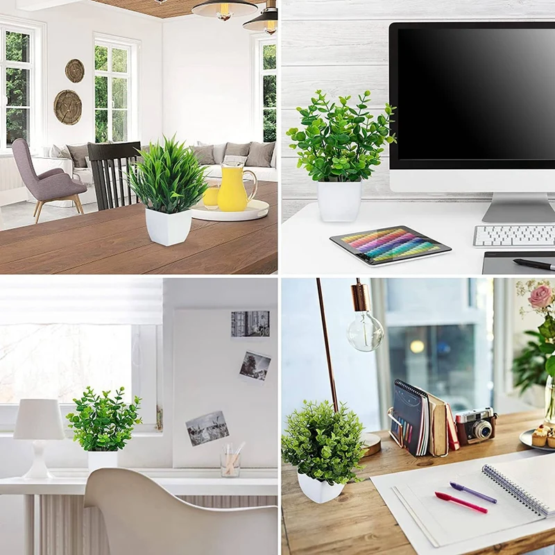 نبات الأوكالبتوس الاصطناعي في الأواني ، نباتات صناعية صغيرة بوعاء ، مشد عشب القمح البلاستيكي الصغير الداخلي ، 6 عبوات