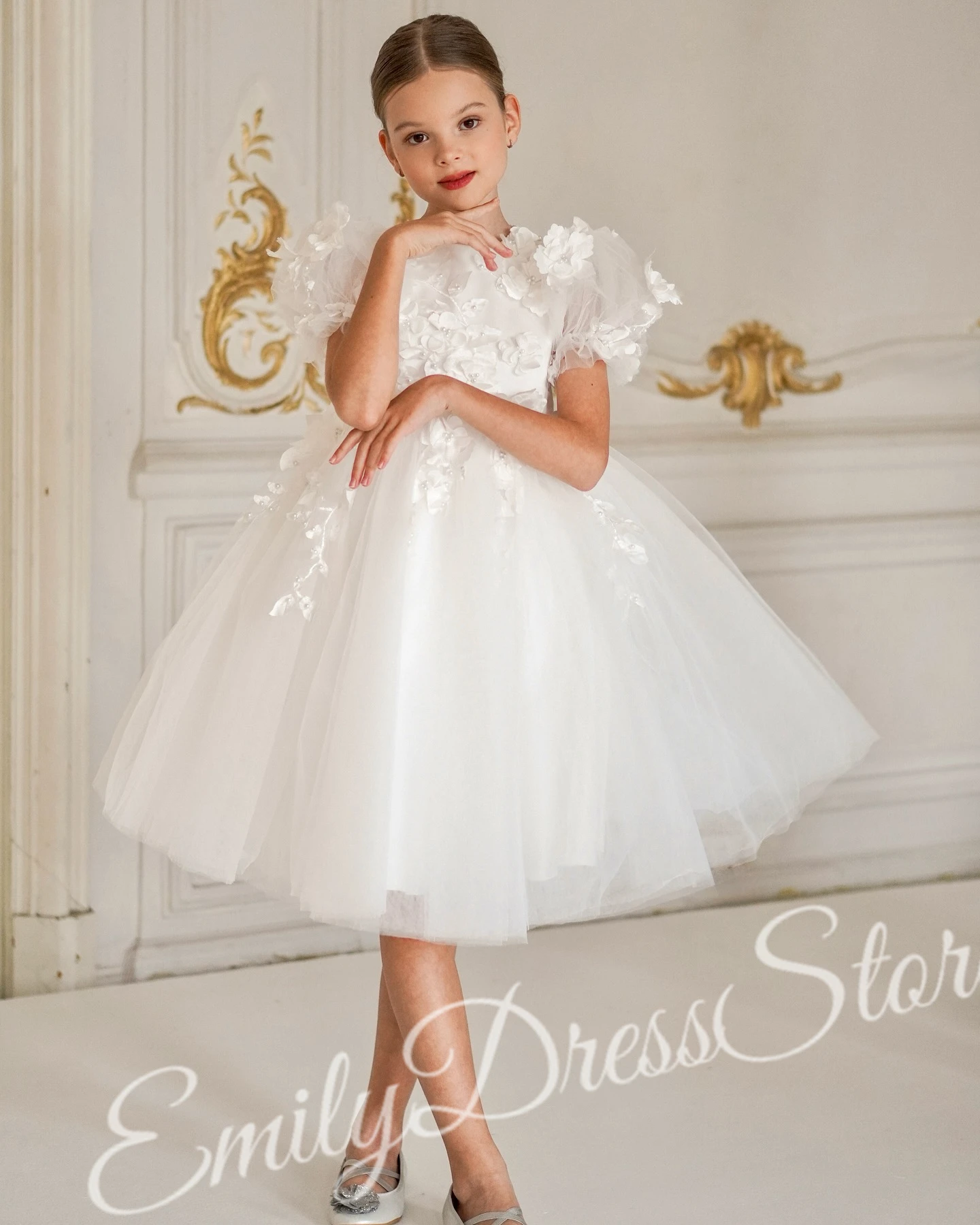 Customized Ivory Flower Girl Dress For Wedding Puffy Tulle Applique Kids Baby Birthday Bridesmaids First Communion Gown