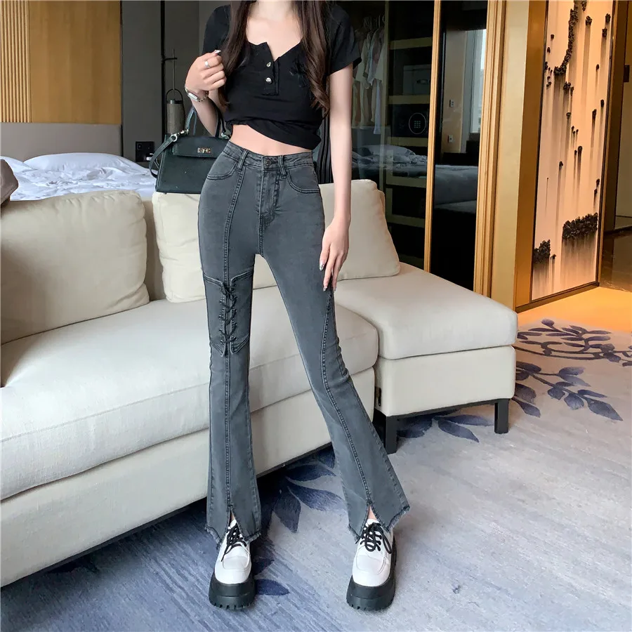 

Cheap wholesale fashion casual high waisted jeans woman female vintage women Pants streetwear Denim bell-bottoms dropshipping