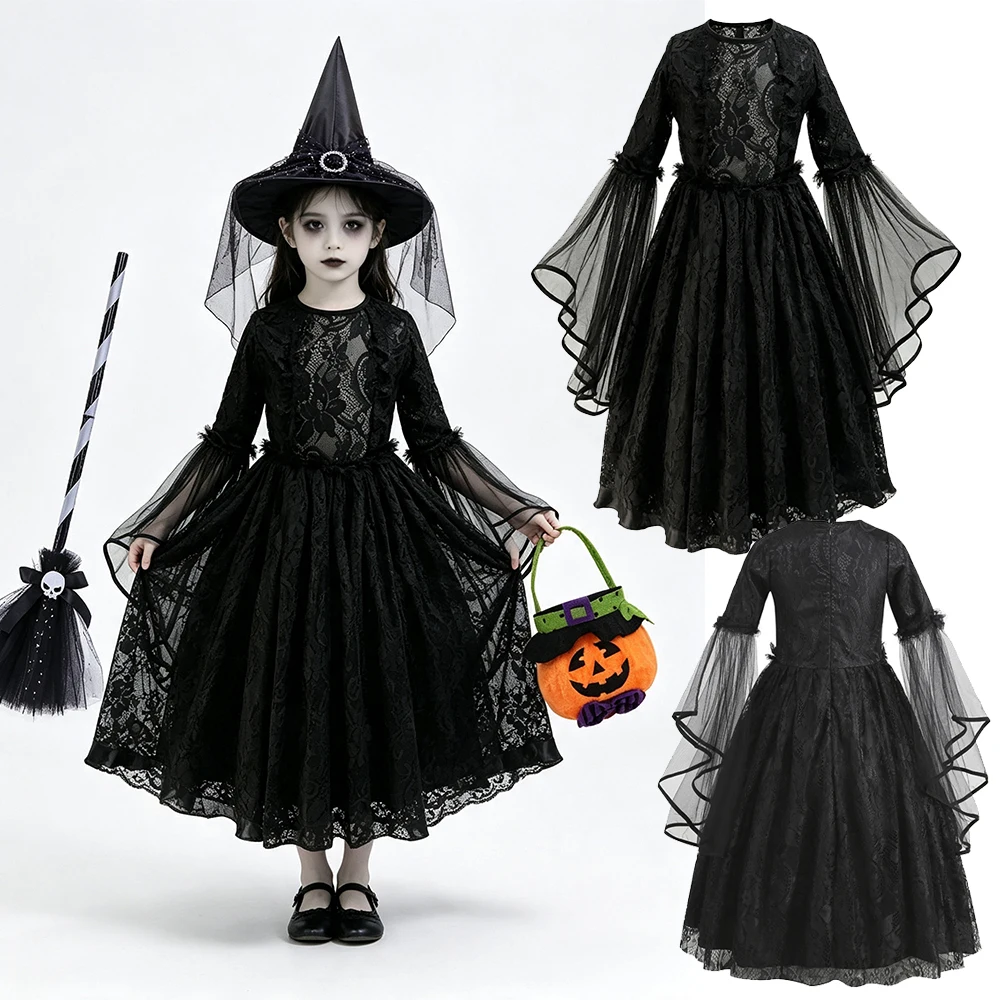 Kids Witch Costume for Girls Black Lace Long Flare Sleeve Witch Dress with Hat Broom Pumpkin Bag Halloween Party Fancy Dress