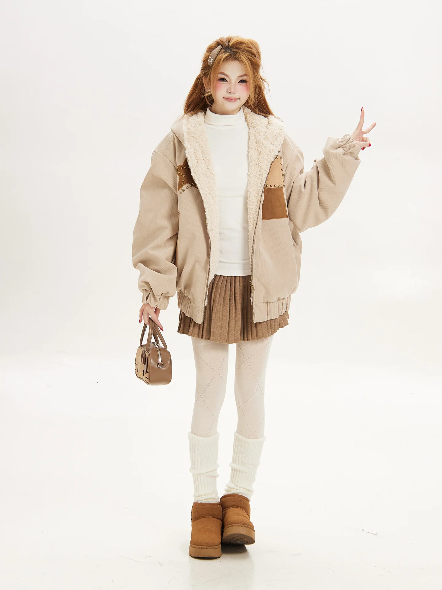 Women's Thickened Loose Winter Jacket Ant American Retro Star Printed Hooded Cotton Coat Double-Sided Wear Casual Outerwear