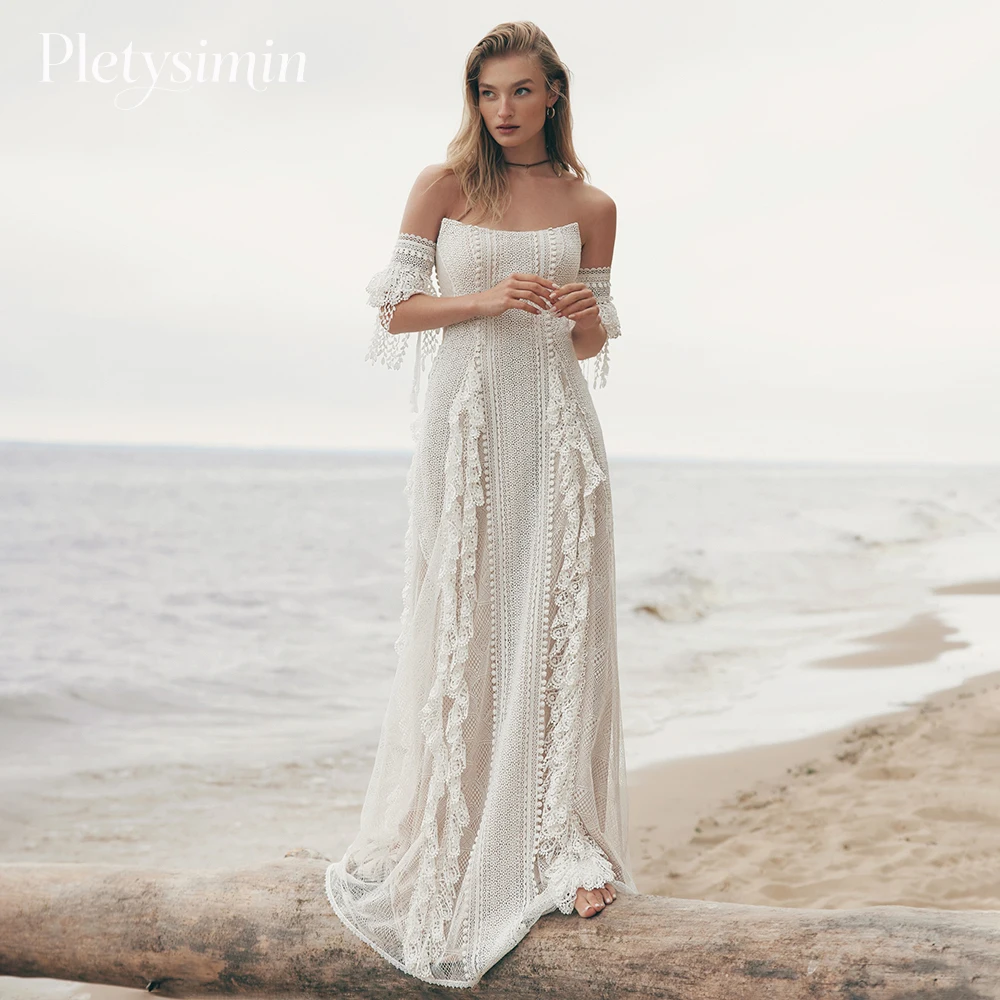 Pletysimin Boho Hippie vestido De novia De playa 2026 borla De encaje sin tirantes A-Line vestidos De novia elegante bata De boda personalizada